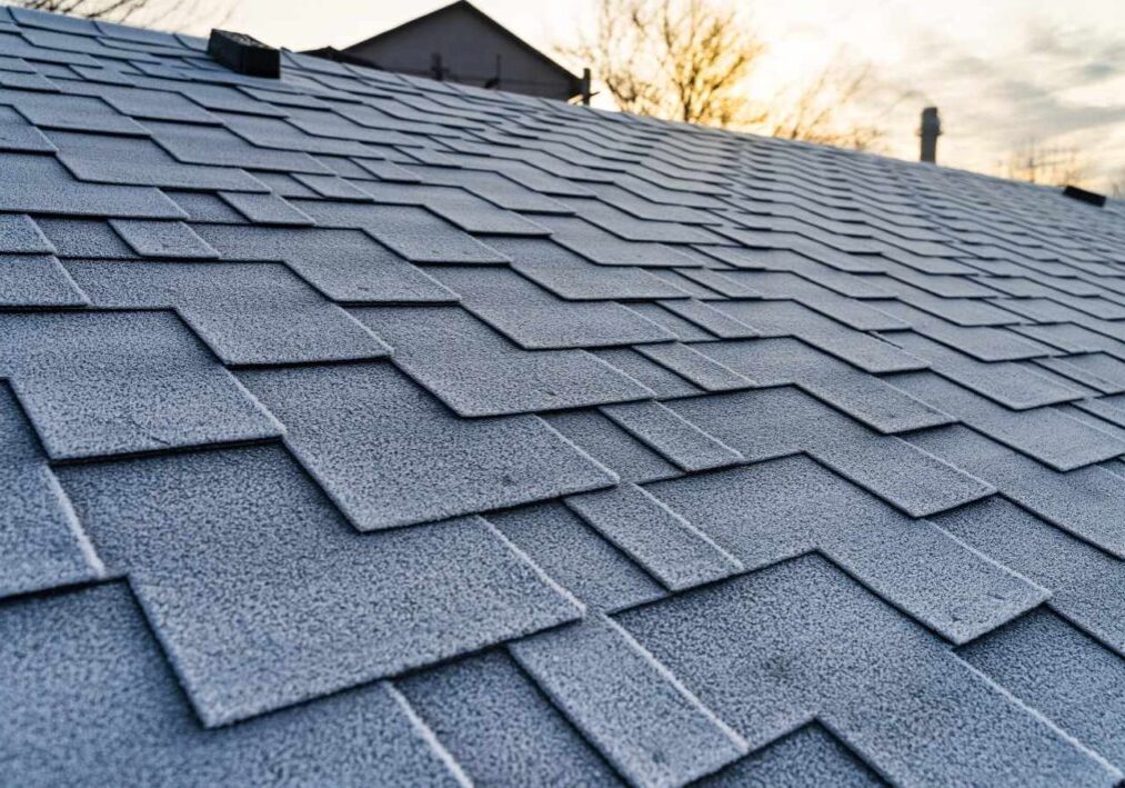 Frost-covered roof shingles during dawn or dusk with a house and trees in the background.
