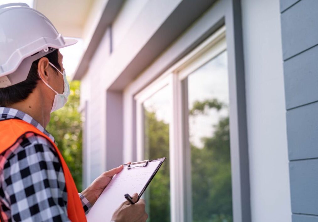 A person wearing a hard hat and safety vest is holding a clipboard and examining the exterior of a building.